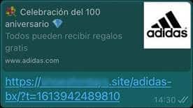 Mensaje a través de WhatsApp que hace creer a los usuarios que Adidas está enviando regalos por la supuesta celebración del aniversario número 100 de la marca