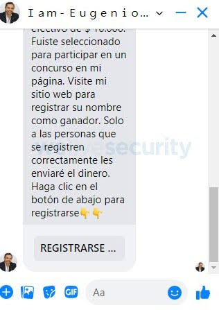 Estafas en Facebook Live. Imagen 2: Ejemplos de mensajes que llegan a la víctima luego de enviar su respuesta. El mensaje inicial invita a compartir el engaño, luego invita a ingresar a la opción “Registrarse” que lleva a un sitio apócrifo donde se solicita ingresar los datos de la tarjeta.