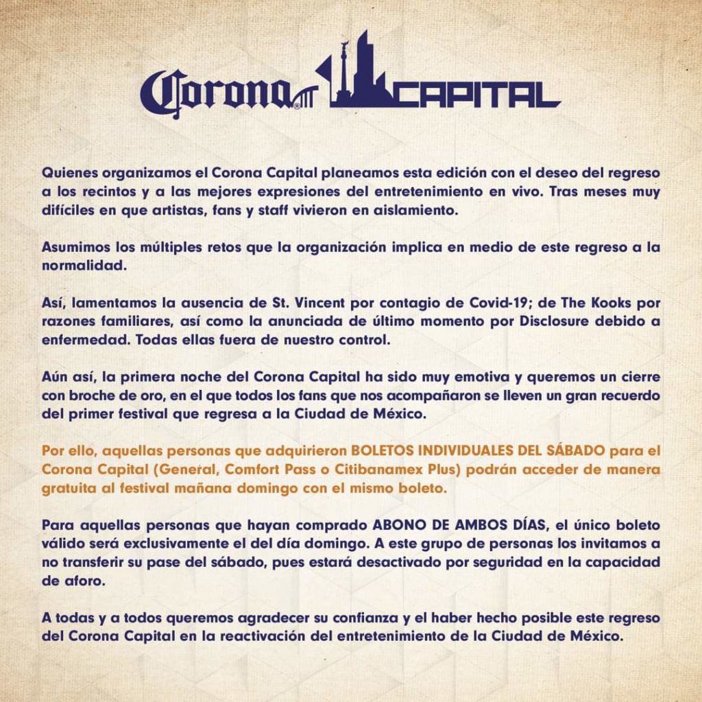 Boleto del sábado para el Corona Capital 2021