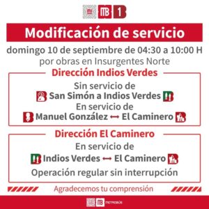 Informa Metrobús modificación en el servicio de Línea 1 con dirección a Indios Verdes por obras en la zona